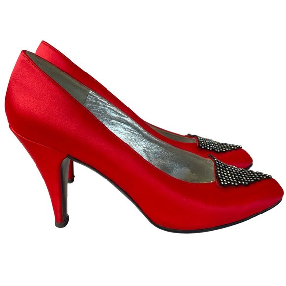 Vintage Charles Jourdan Shoes Heels Leather Red Satin Rhinestone Size 9 Paris - Picture 3 of 10